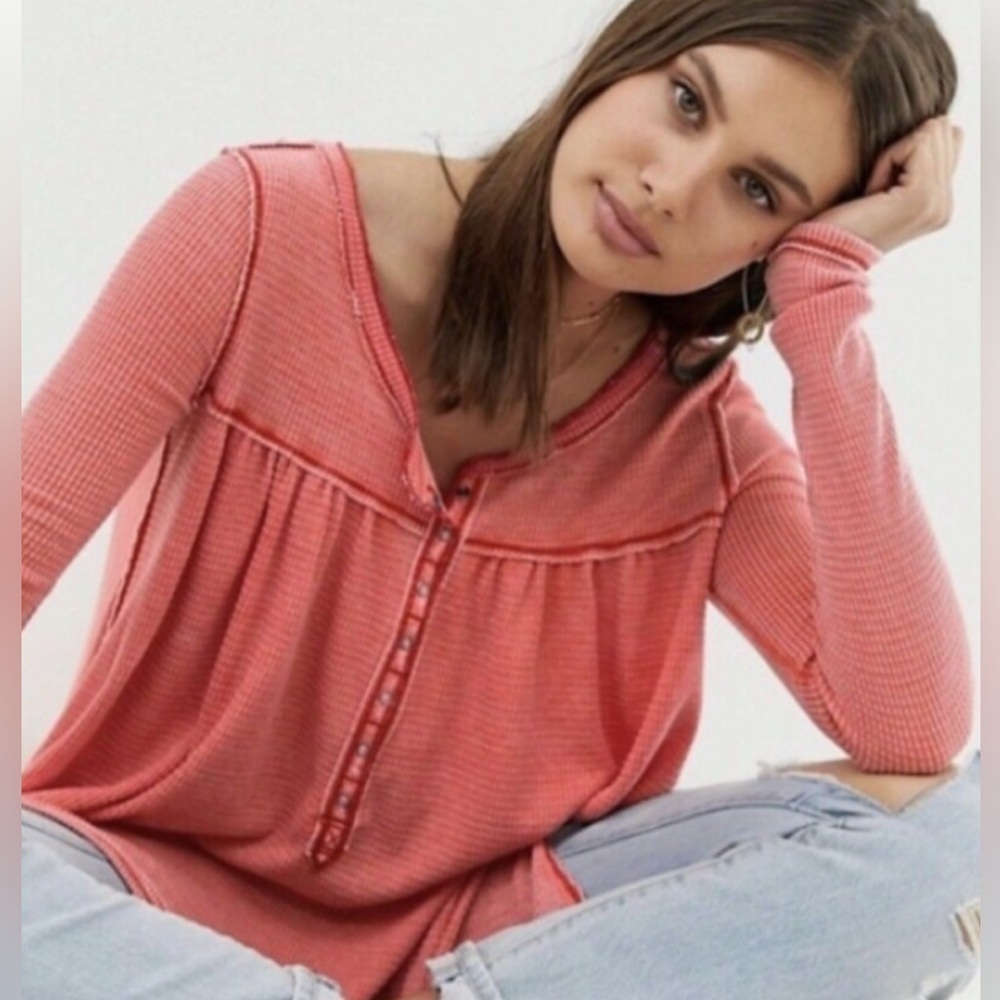 Free People Kai Thermal Swing Henley Top SZ S Red/Orange